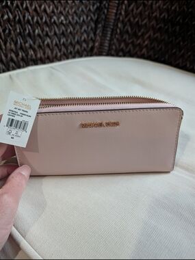 Michael Kors Blush Saffiano Zip-Around Wallet with Gold Logo